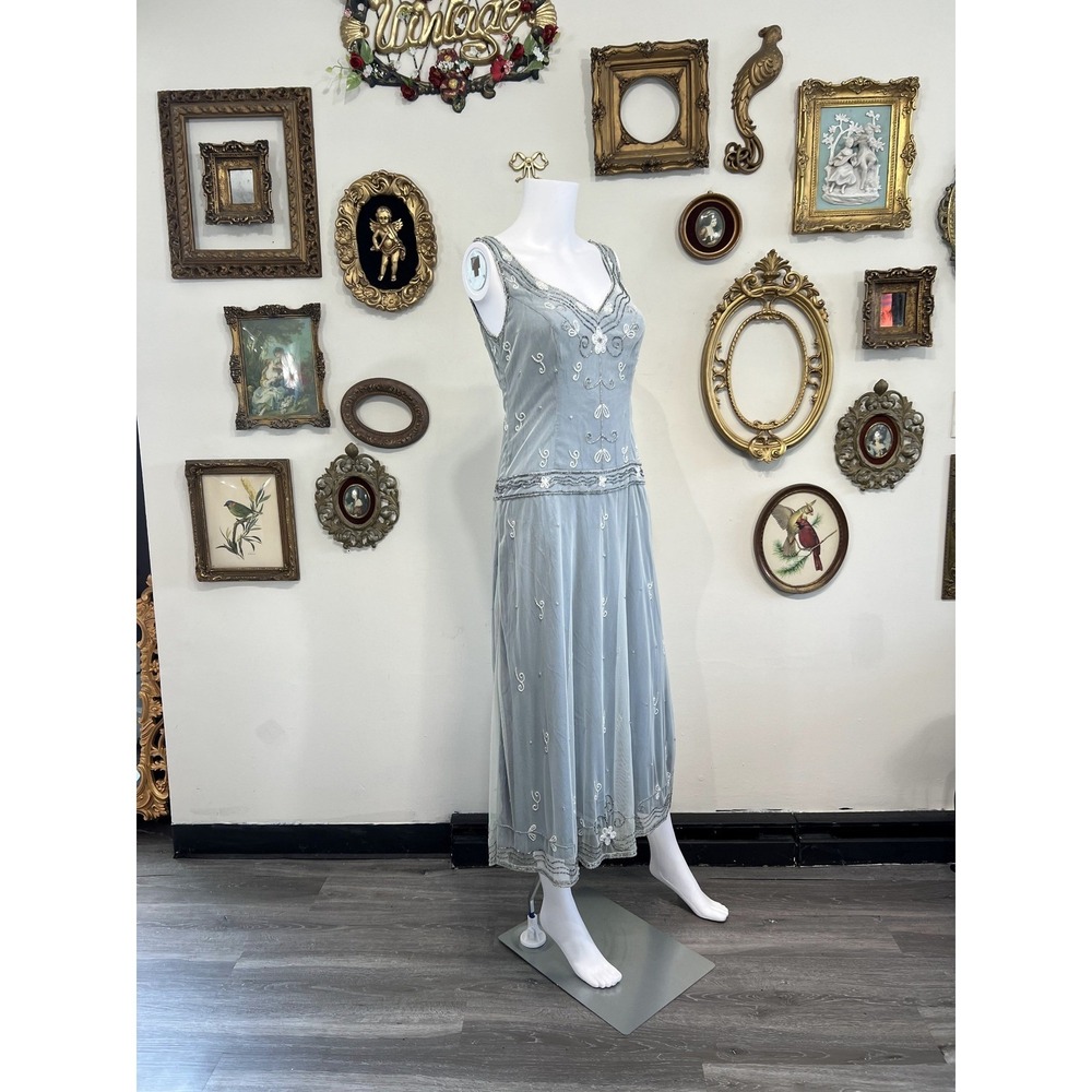 Vintage antique 1940s Slate Blue Beaded Mesh Flapper Midi Dress Size 8 - Picture 2 of 8